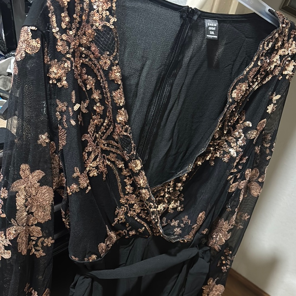 SHEIN Black and Gold Floral Embroidered Dress